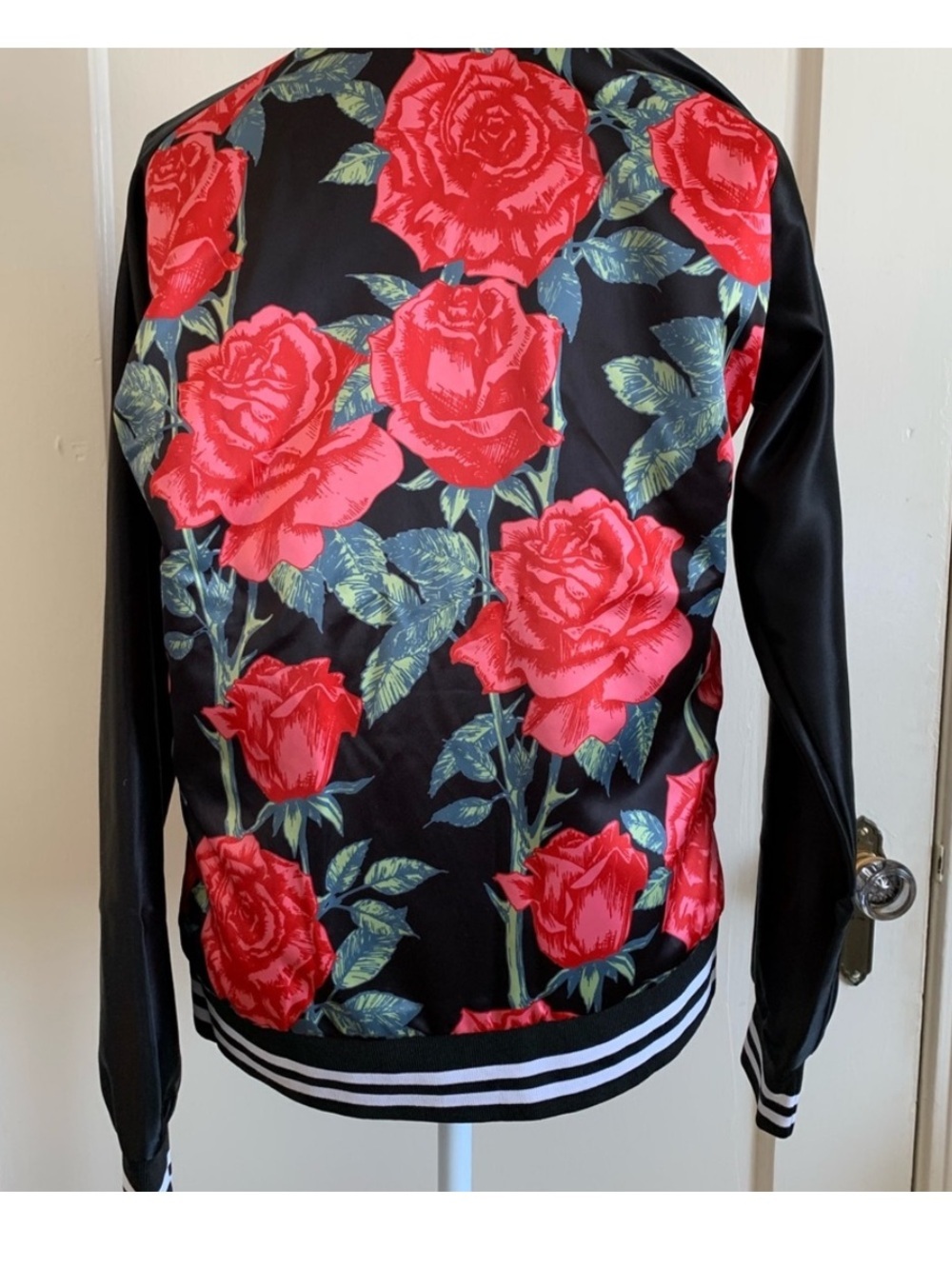 CHRLDR Black Satin Bomber Jacket with Red Rose Print - Picture 2 of 6